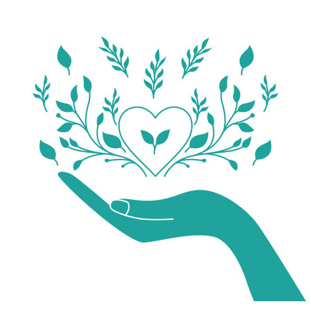 Open Hand with Love Heart and Floral Decoration as Nature Care Peace Symbolのイラスト素材