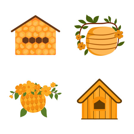 Elements Set of Yellow Honeycomb Honey Bee Home House with Flower Floral Plantのイラスト素材