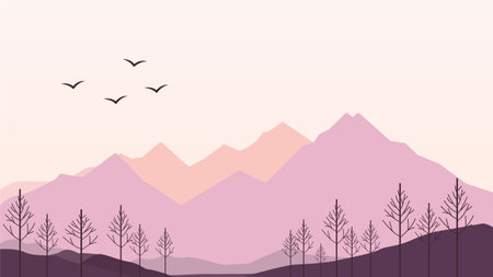 Flat Design Illustration of Mountain Hill Nature Landscape with Tree in the Morningのイラスト素材