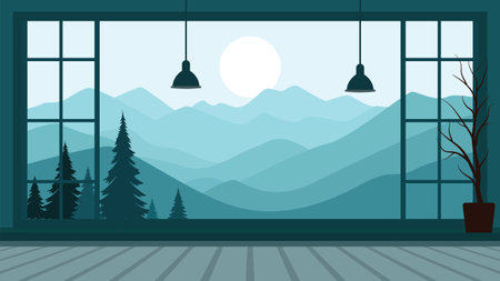 Mountains Nature Landscape From the Window with Pine Trees and Sun in Bright Skyのイラスト素材