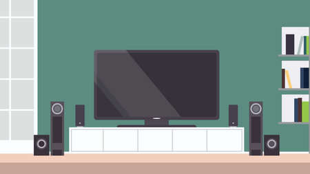 Modern Digital Television in the Living Room at Home with Speaker and Bookshelfのイラスト素材