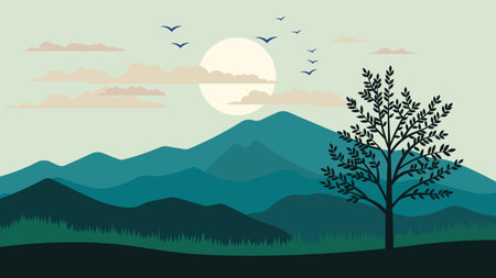 Green Mountains Hills Nature Landscape with Tree and Sun in the Morningのイラスト素材