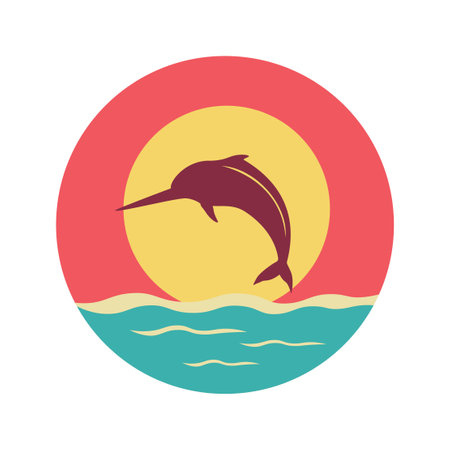 Sword Fish Silhouette Jumping on the Ocean Surface with Circle Sun at Sunset Sunriseのイラスト素材