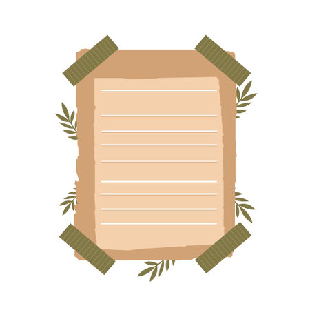 Aesthetic Blank Brown Paper Note Office Stationery with Sticky Tape and Leaf Decorationのイラスト素材