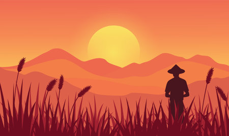 Farmer Silhouette in Mountains Rice Field Landscape with Golden Sun at Sunrise Sunsetのイラスト素材