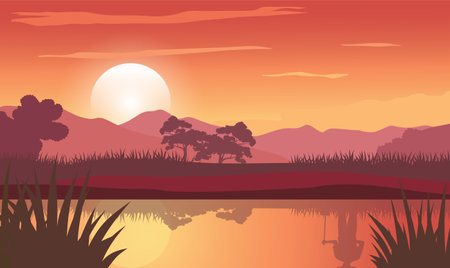 Beautiful Golden Sun at Sunset Sunrise in Mountains Rice Field Nature Landscapeのイラスト素材