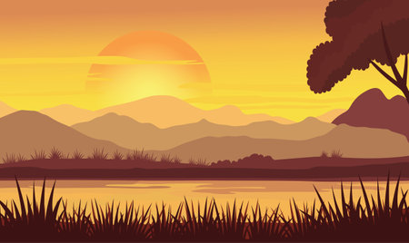 Beautiful Golden Sun at Sunset Sunrise in Mountains Rice Field Nature Landscapeのイラスト素材