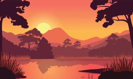 Beautiful Golden Sun at Sunset Sunrise in Mountains Rice Field Nature Landscapeのイラスト素材