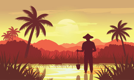 Farmer Silhouette in Mountains Rice Field Landscape with Golden Sun at Sunrise Sunsetのイラスト素材
