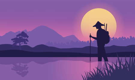 Farmer Silhouette in Mountains Rice Field Landscape with Sun at Sunrise Sunset in Purple Skyのイラスト素材