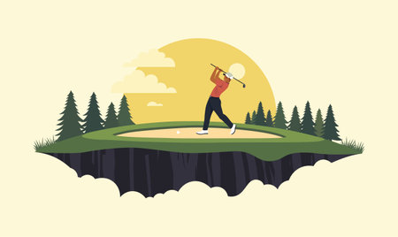 Man Golfer Player Character Playing Golf Sport on the Field Landscapeのイラスト素材