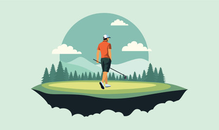 Man Golfer Player Character Playing Golf Sport on the Field Landscapeのイラスト素材