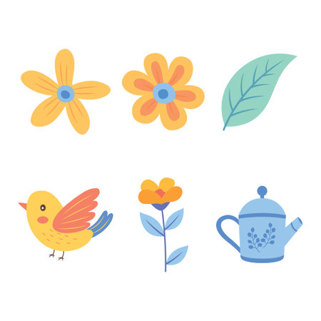 Elements Collection of Colorful Flower Floral Decoration with Bird and Watering Plant in the Gardenのイラスト素材