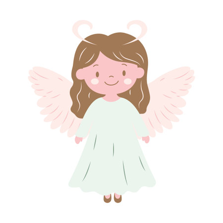 Cute Pretty Winged Little Girl Fairy Angel Cartoon Character in Heaven Skyのイラスト素材