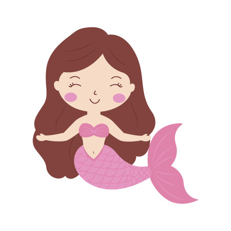 Cute Pretty Little Girl Mermaid Cartoon Character in the Sea with Happy Expressionのイラスト素材