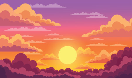 Beautiful Majestic Sky Panoramic with Sun Light and Clouds Landscape at Sunset Sunriseのイラスト素材
