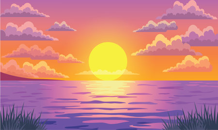 Beach Sea Ocean Island Landscape with Sun Light in Beautiful Majestic Sky at Sunset Sunriseのイラスト素材