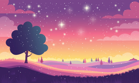 Tree in Hills Nature Landscape with Beautiful Majestic Sky Panoramic with Twinkling Stars at Nightのイラスト素材