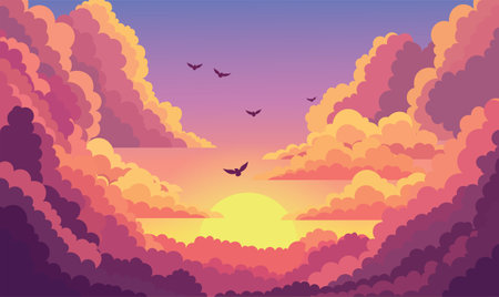 Birds Flying on Beautiful Majestic Sky Panoramic with Sun Light and Clouds at Sunset Sunriseのイラスト素材