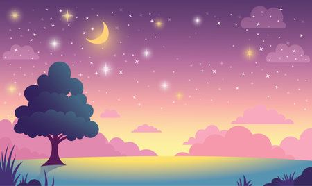 Tree in Nature Landscape with Beautiful Majestic Sky Panoramic with Crescent Moon at Nightのイラスト素材