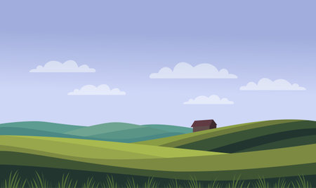 Peaceful Green Meadow Field Hill Nature Landscape with Home House in Summerのイラスト素材