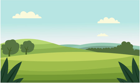 Peaceful Green Meadow Field Hill Nature Landscape with Trees in Summerのイラスト素材