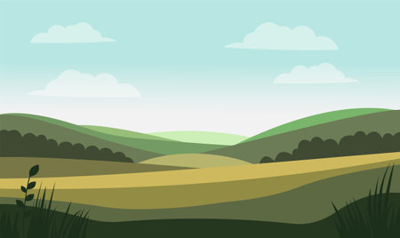 Peaceful Green Meadow Field Hills Nature Landscape with Plant in Summerのイラスト素材