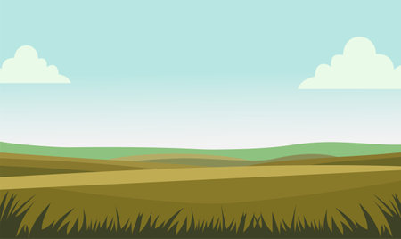 Peaceful Green Meadow Field Hills Nature Landscape with Grass in Summerのイラスト素材