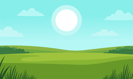 Peaceful Green Meadow Field Hill Nature Landscape with Sun in Summer Bright Skyのイラスト素材