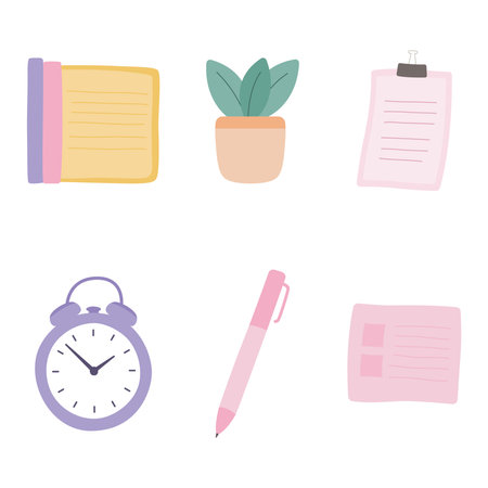 Office Elements Set of Business Stationery Paper Book Clock Pen Plant with Soft Pastel Colorのイラスト素材