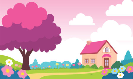 Beautiful Home House Building with Colorful Flowers Floral Garden Park Yard Landscape in Summerのイラスト素材