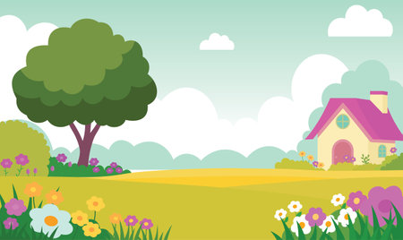 Beautiful Home House Building with Colorful Flowers Floral Garden Park Yard Landscape in Summerのイラスト素材