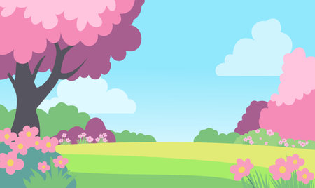 Beautiful Park Garden Nature Landscape with Flowers Plant Tree in Summerのイラスト素材