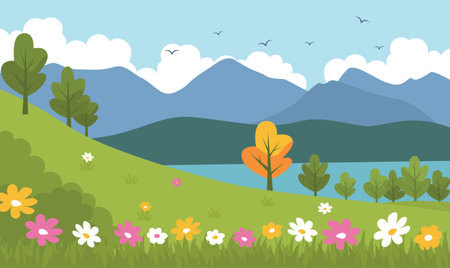 Beautiful Summer Spring Nature Landscape with Mountain Lake River View and Blossom Flowersのイラスト素材