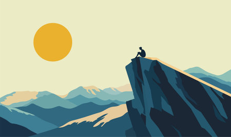 Man People Silhouette Sitting on Rocky Cliff Top Nature Landscape with Sun in the Morningのイラスト素材