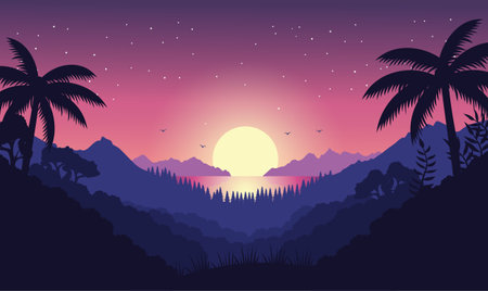Beautiful Mountains Lake River Nature Landscape with Tropical Trees in Forest with Sun in Dawn Skyのイラスト素材