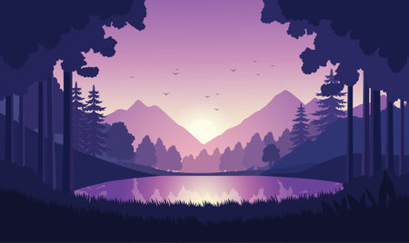 Beautiful Mountains Lake Nature Landscape with Pine Trees in Forest with Sun in Dawn Skyのイラスト素材