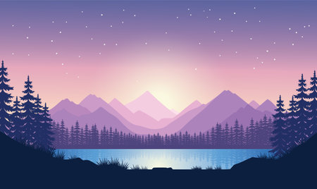 Beautiful Mountains Lake River Nature Landscape with Pine Trees in Dawn Skyのイラスト素材