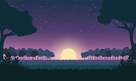 Beautiful Nature Landscape with Trees in Fields Forest with Sun in Dawn Skyのイラスト素材