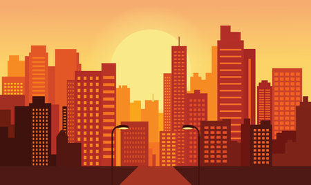 Cityscape in Evening Glow with Buildings Lit Against a Softly Darkening Urban Skyのイラスト素材