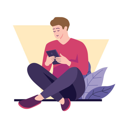 Boy Sitting on the Ground Scrolling Through Social Mediaのイラスト素材