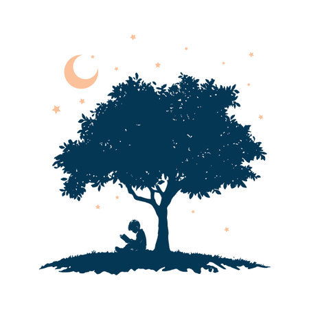 Boy Reading Book Under Tree Beneath the Moonのイラスト素材