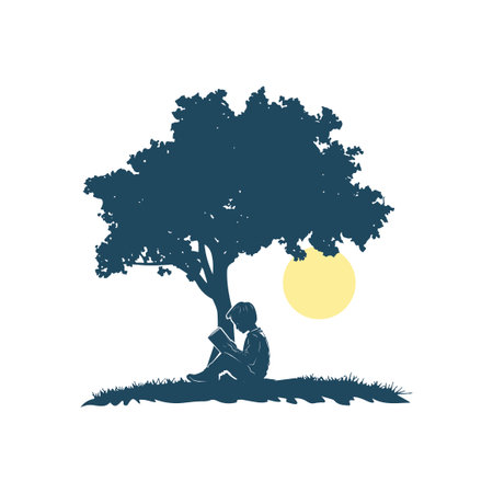 Child Reading in the Shade of Tree on Bright Afternoonのイラスト素材