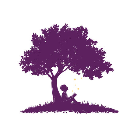 Boy with Book Sitting Beneath Big Treeのイラスト素材