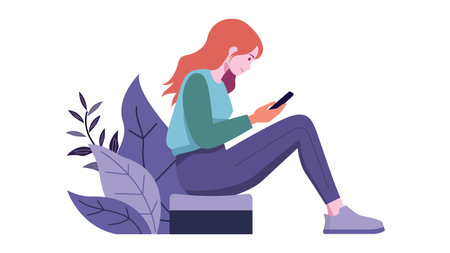 Teen Girl Browsing Internet Alone at The Parkのイラスト素材