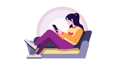 Girl Using Smart Phone While Sitting on Sofaのイラスト素材