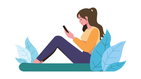 Young Woman Sitting on The Ground Using Phoneのイラスト素材