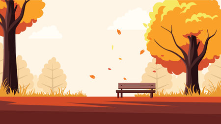 Lonely Park Bench Under Golden Fall Trees in Urban Gardenのイラスト素材