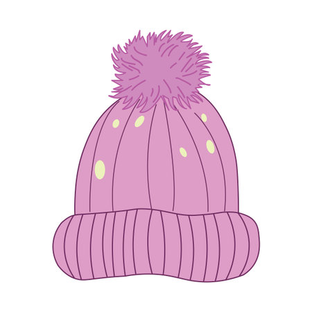 Light Purple Beanie Hat with Yellow Dots and Pink Pom-Pom