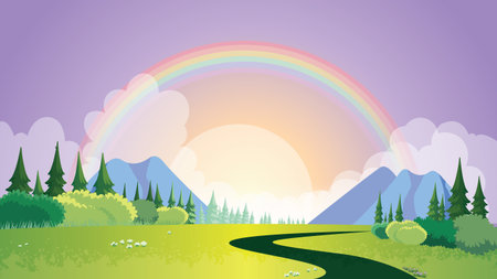Rainbow Landscape with Meadow and Cloudsのイラスト素材